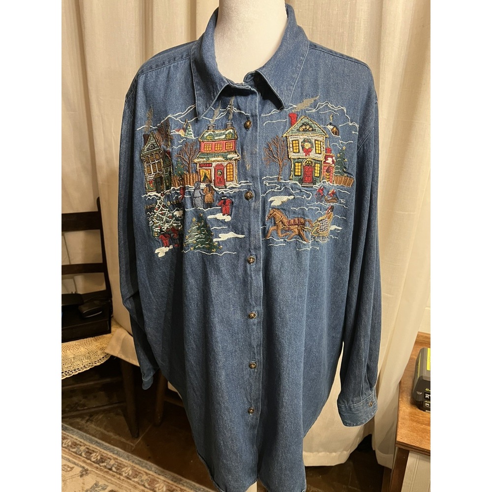 VTG Karen Scott II Jean Button Down Shirt 3X Blue Denim Winter Holiday Scene
